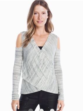 White House Black Market Light Gray Cold-Shoulder Wrap V-Neck Sweater